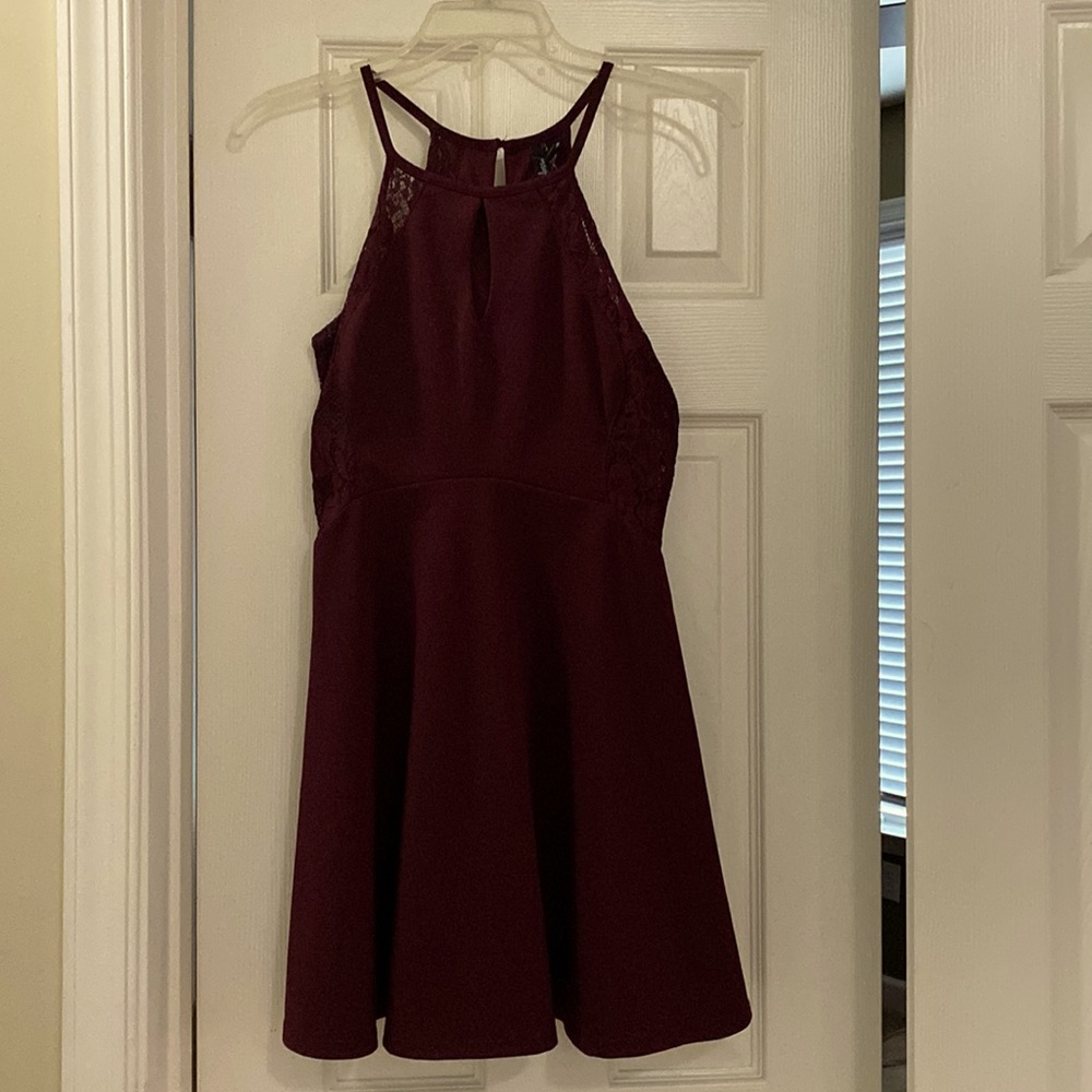 Burgundy School Dance Dress. Lace sides.